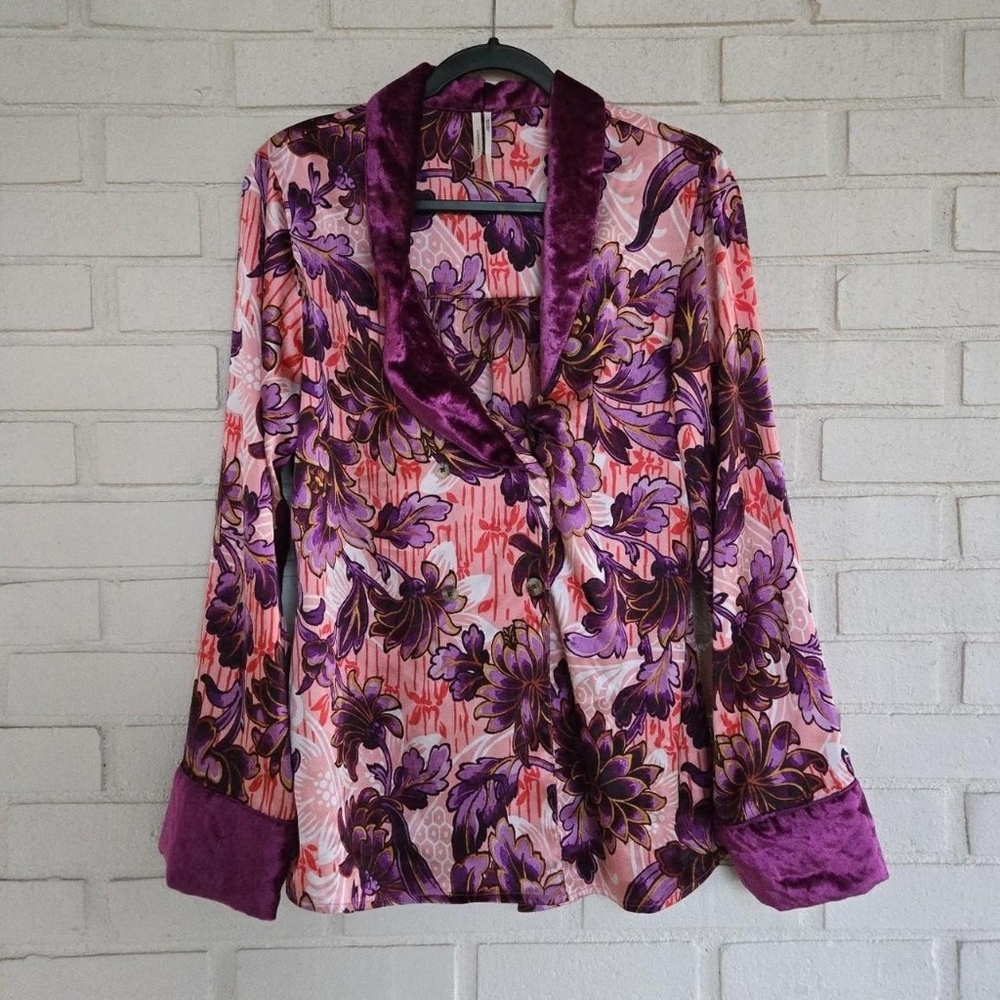 Anthro luxe sleep floral silky blouse sleep pj top Size Small